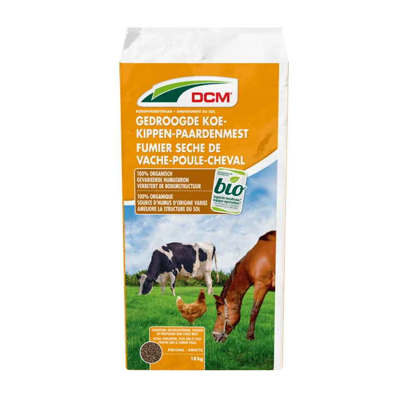 DCM Gedroogde Koe-Kippen-Paardenmest – bodemverbeteraar, 18 kg