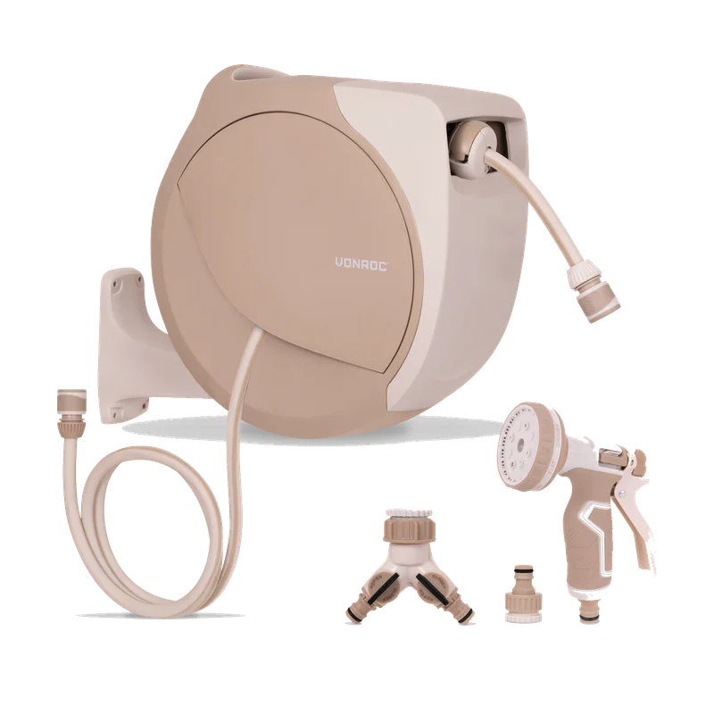 VONROC Wandslangenbox HR505XX – 20 m slang en broespistool, beige